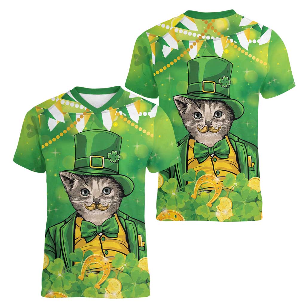 Funny Cat St Patrick's Day Women V-Neck T-Shirt Irish Leprechaun Lucky Cat
