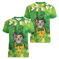 Funny Cat St Patrick's Day Women V-Neck T-Shirt Irish Leprechaun Lucky Cat
