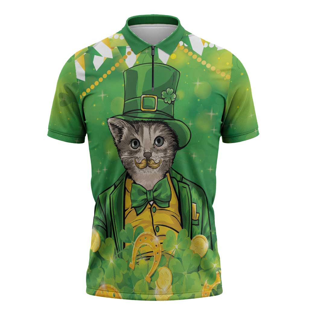 Funny Cat St Patrick's Day Zipper Polo Shirt Irish Leprechaun Lucky Cat