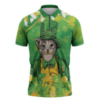 Funny Cat St Patrick's Day Zipper Polo Shirt Irish Leprechaun Lucky Cat