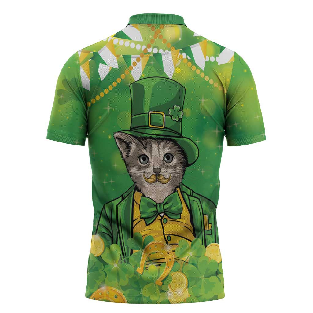 Funny Cat St Patrick's Day Zipper Polo Shirt Irish Leprechaun Lucky Cat