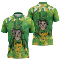 Funny Cat St Patrick's Day Zipper Polo Shirt Irish Leprechaun Lucky Cat