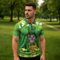 Funny Cat St Patrick's Day Zipper Polo Shirt Irish Leprechaun Lucky Cat
