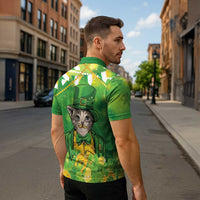 Funny Cat St Patrick's Day Zipper Polo Shirt Irish Leprechaun Lucky Cat
