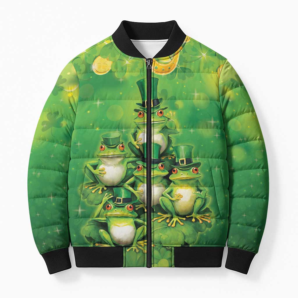 Funny Frog St Patrick's Day Bomber Puffer Jacket Lucky Shamrock Frog
