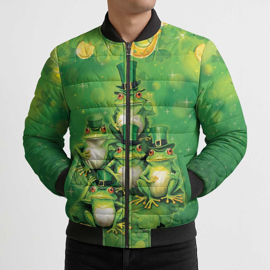 Funny Frog St Patrick's Day Bomber Puffer Jacket Lucky Shamrock Frog
