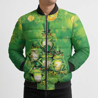 Funny Frog St Patrick's Day Bomber Puffer Jacket Lucky Shamrock Frog