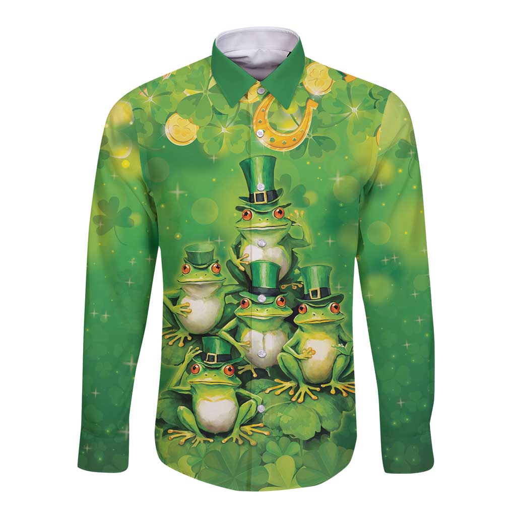 Funny Frog St Patrick's Day Long Sleeve Button Shirt Lucky Shamrock Frog