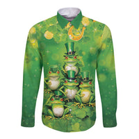Funny Frog St Patrick's Day Long Sleeve Button Shirt Lucky Shamrock Frog