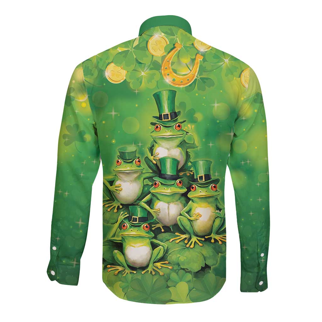 Funny Frog St Patrick's Day Long Sleeve Button Shirt Lucky Shamrock Frog