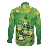 Funny Frog St Patrick's Day Long Sleeve Button Shirt Lucky Shamrock Frog