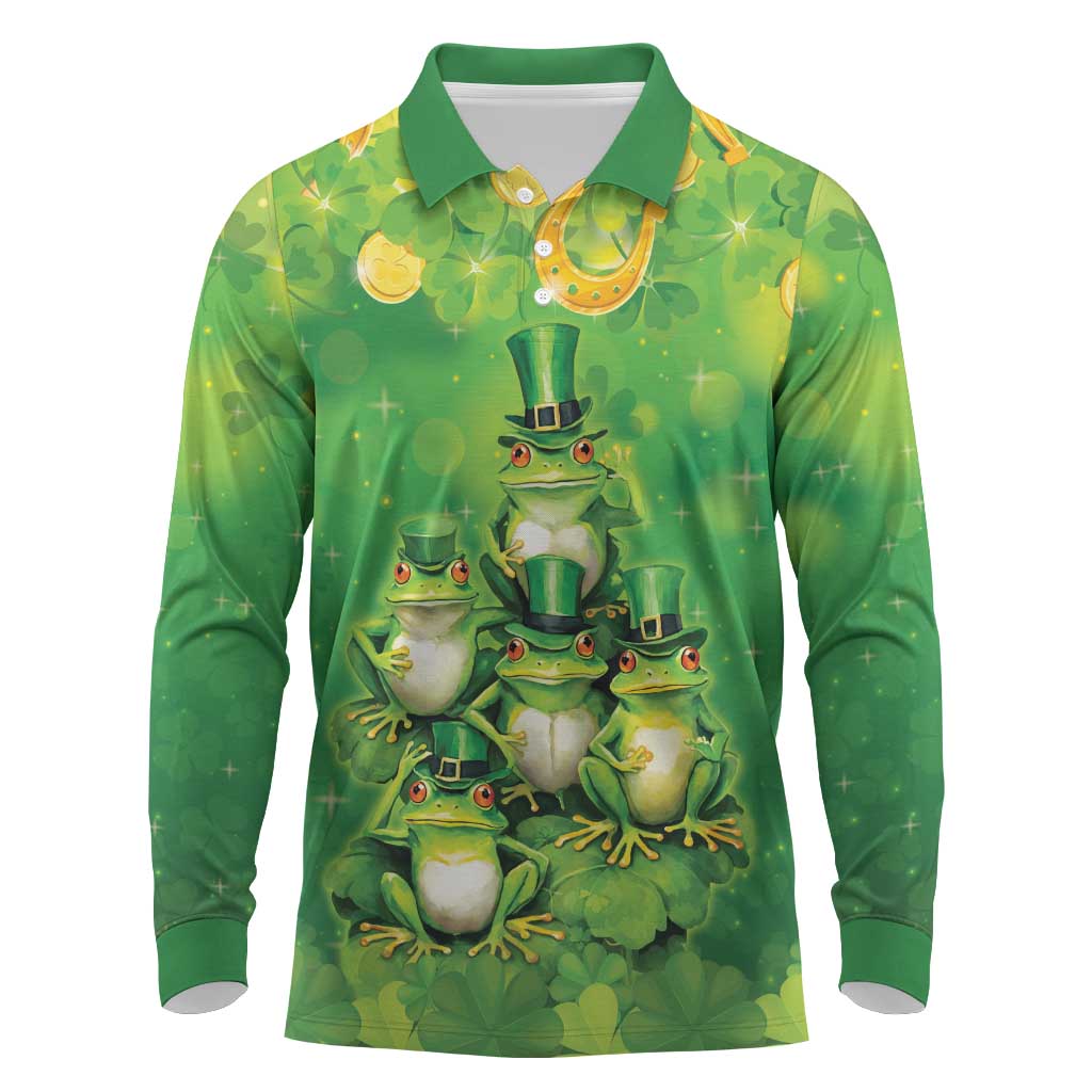 Funny Frog St Patrick's Day Long Sleeve Polo Shirt Lucky Shamrock Frog