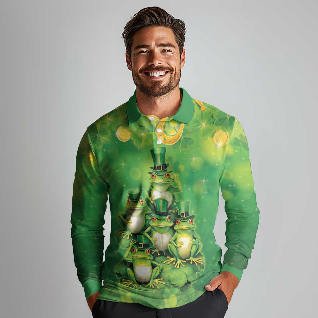 Funny Frog St Patrick's Day Long Sleeve Polo Shirt Lucky Shamrock Frog