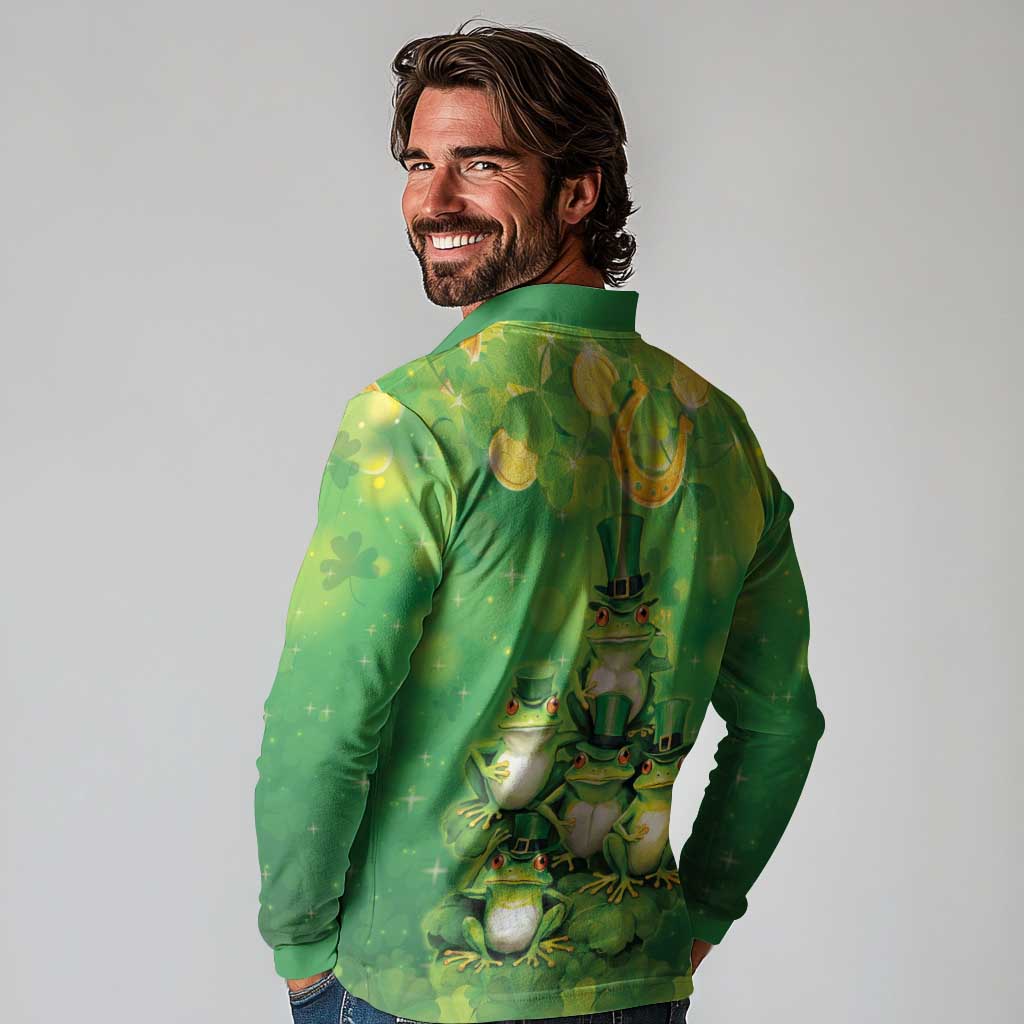 Funny Frog St Patrick's Day Long Sleeve Polo Shirt Lucky Shamrock Frog