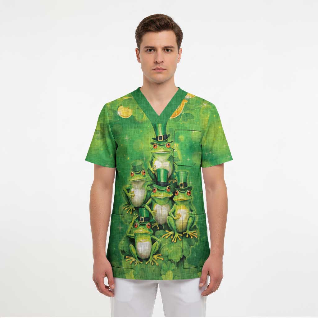 Funny Frog St Patrick's Day Scrub Top Lucky Shamrock Frog