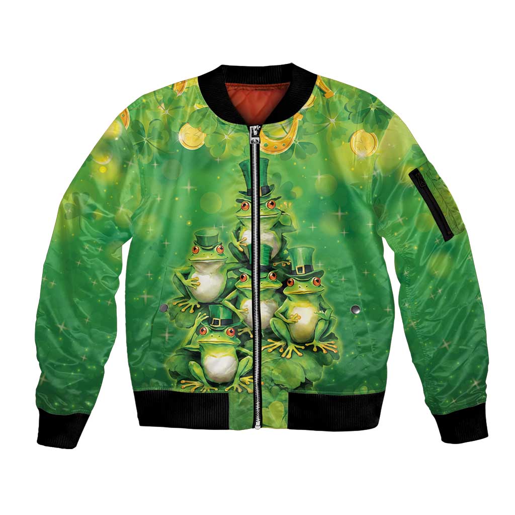 Funny Frog St Patrick's Day Sleeve Zip Bomber Jacket Lucky Shamrock Frog