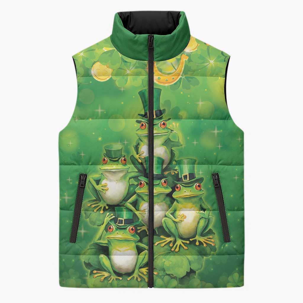 Funny Frog St Patrick's Day Sleeveless Puffer Jacket Lucky Shamrock Frog