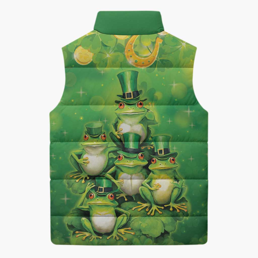 Funny Frog St Patrick's Day Sleeveless Puffer Jacket Lucky Shamrock Frog