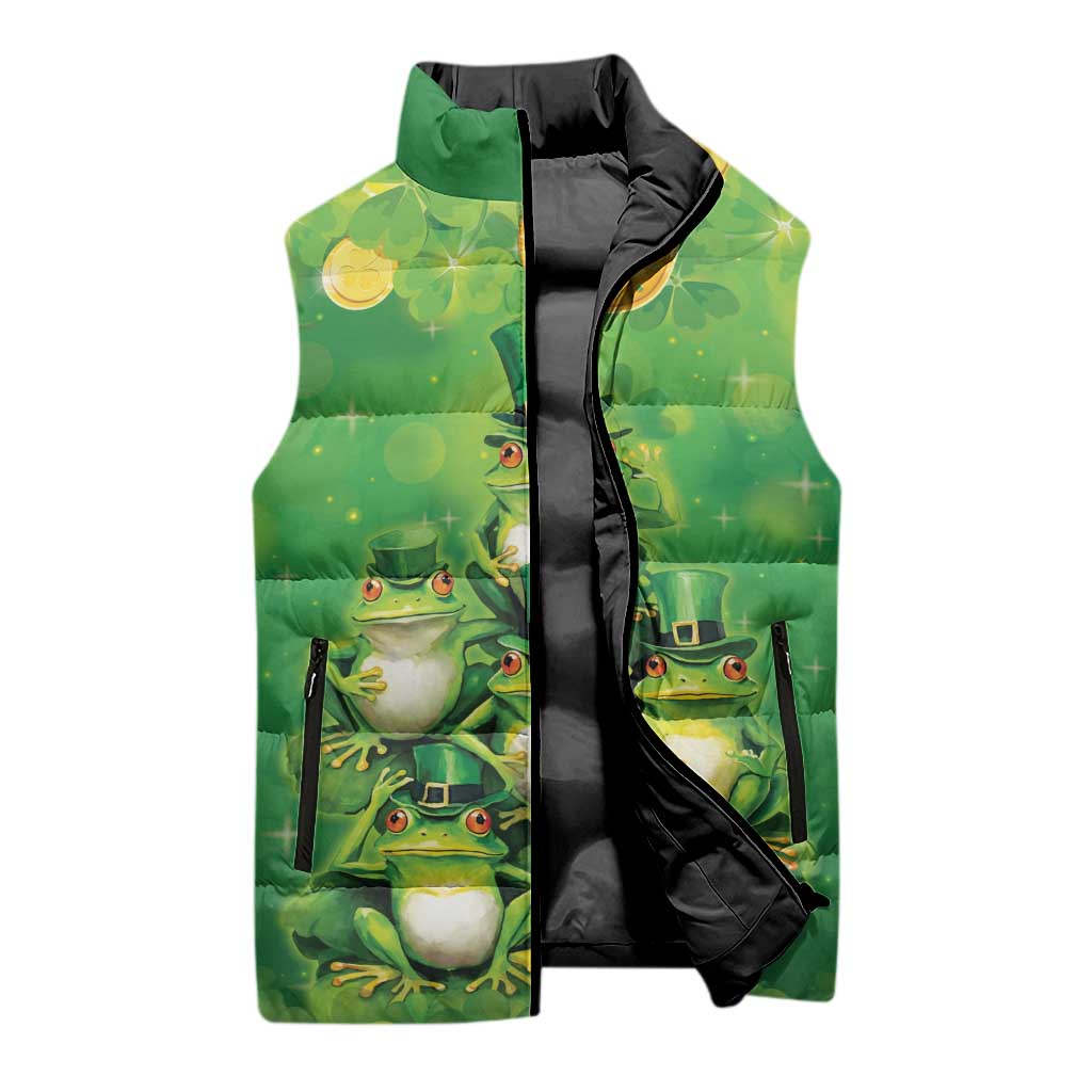 Funny Frog St Patrick's Day Sleeveless Puffer Jacket Lucky Shamrock Frog