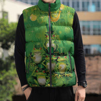 Funny Frog St Patrick's Day Sleeveless Puffer Jacket Lucky Shamrock Frog