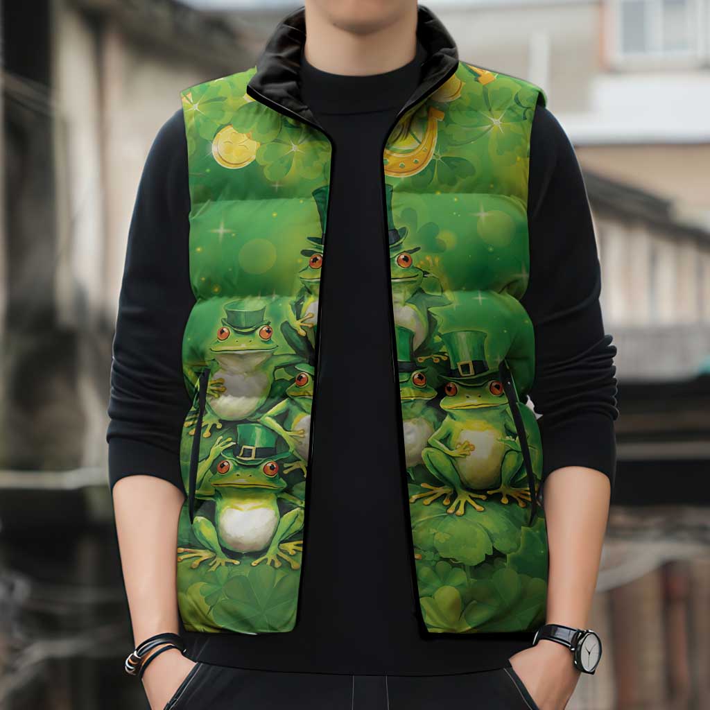 Funny Frog St Patrick's Day Sleeveless Puffer Jacket Lucky Shamrock Frog