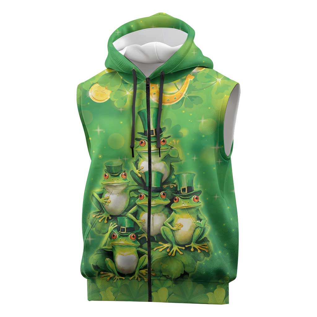 Funny Frog St Patrick's Day Sleeveless Zip Hoodie Lucky Shamrock Frog
