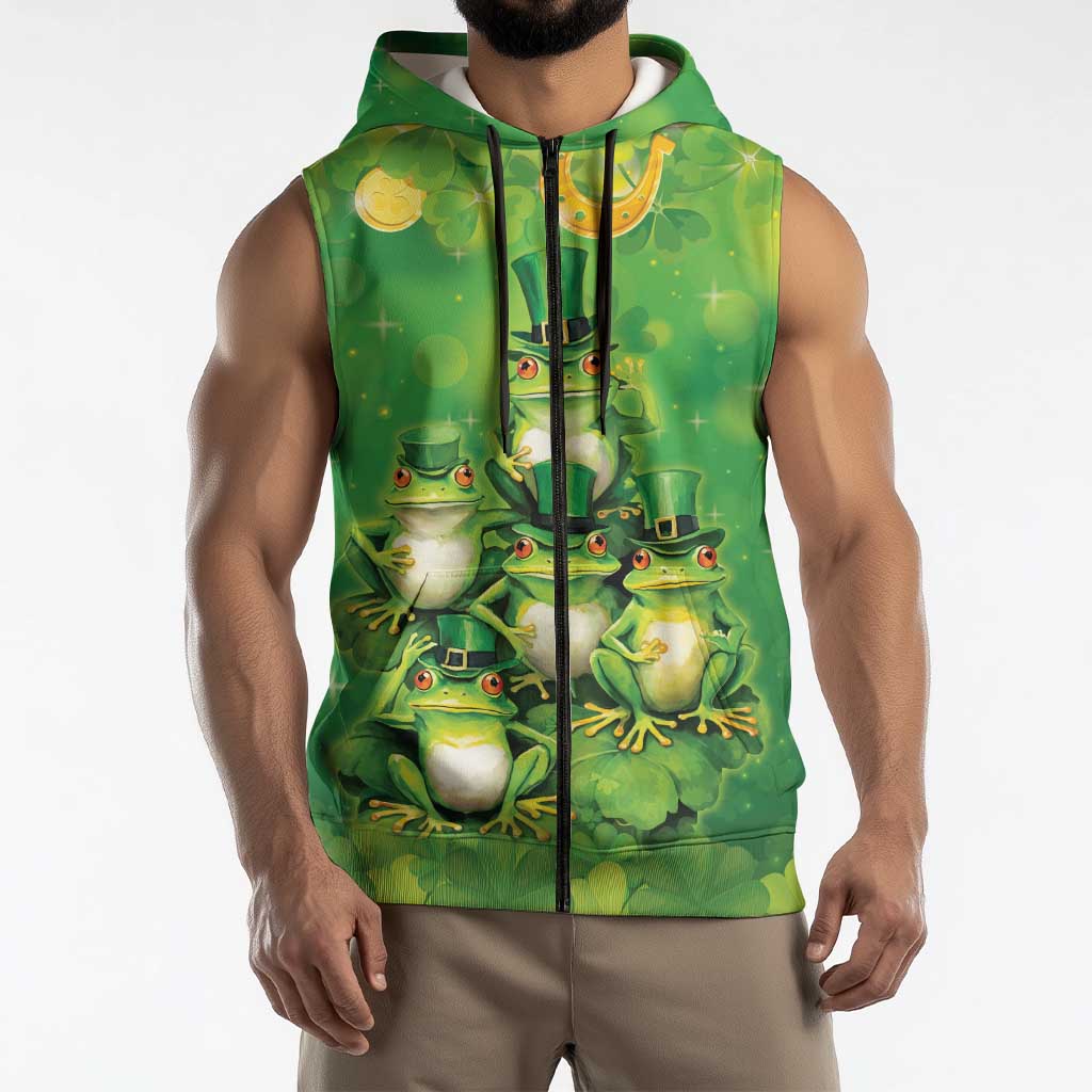 Funny Frog St Patrick's Day Sleeveless Zip Hoodie Lucky Shamrock Frog