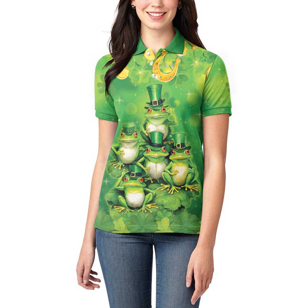 Funny Frog St Patrick's Day Women Polo Shirt Lucky Shamrock Frog