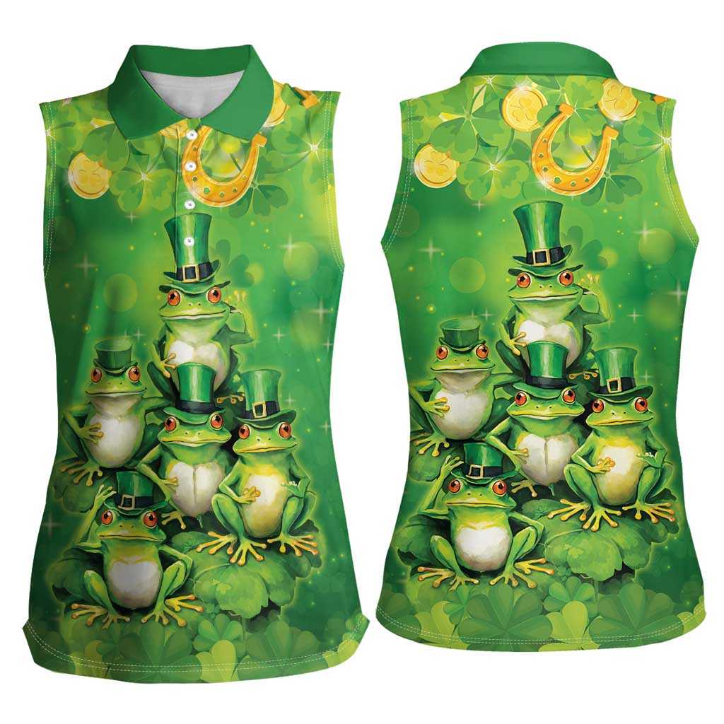 Funny Frog St Patrick's Day Women Sleeveless Polo Shirt Lucky Shamrock Frog
