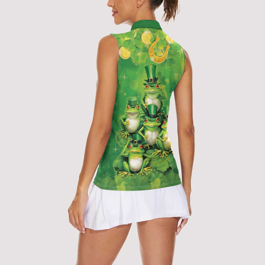 Funny Frog St Patrick's Day Women Sleeveless Polo Shirt Lucky Shamrock Frog