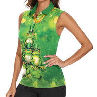 Funny Frog St Patrick's Day Women Sleeveless Polo Shirt Lucky Shamrock Frog