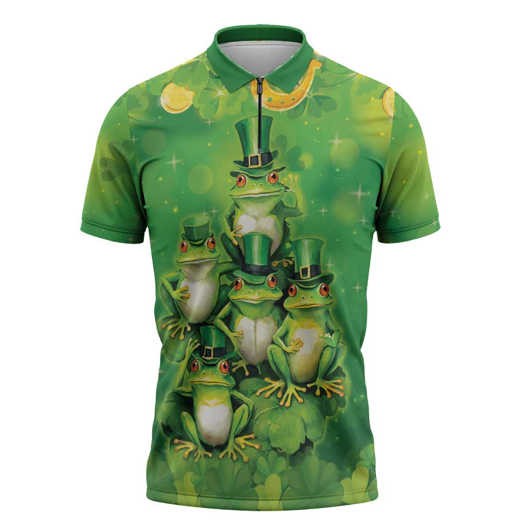Funny Frog St Patrick's Day Zipper Polo Shirt Lucky Shamrock Frog