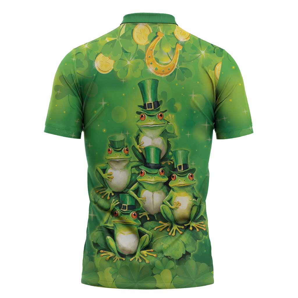 Funny Frog St Patrick's Day Zipper Polo Shirt Lucky Shamrock Frog