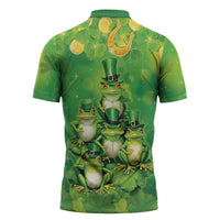 Funny Frog St Patrick's Day Zipper Polo Shirt Lucky Shamrock Frog