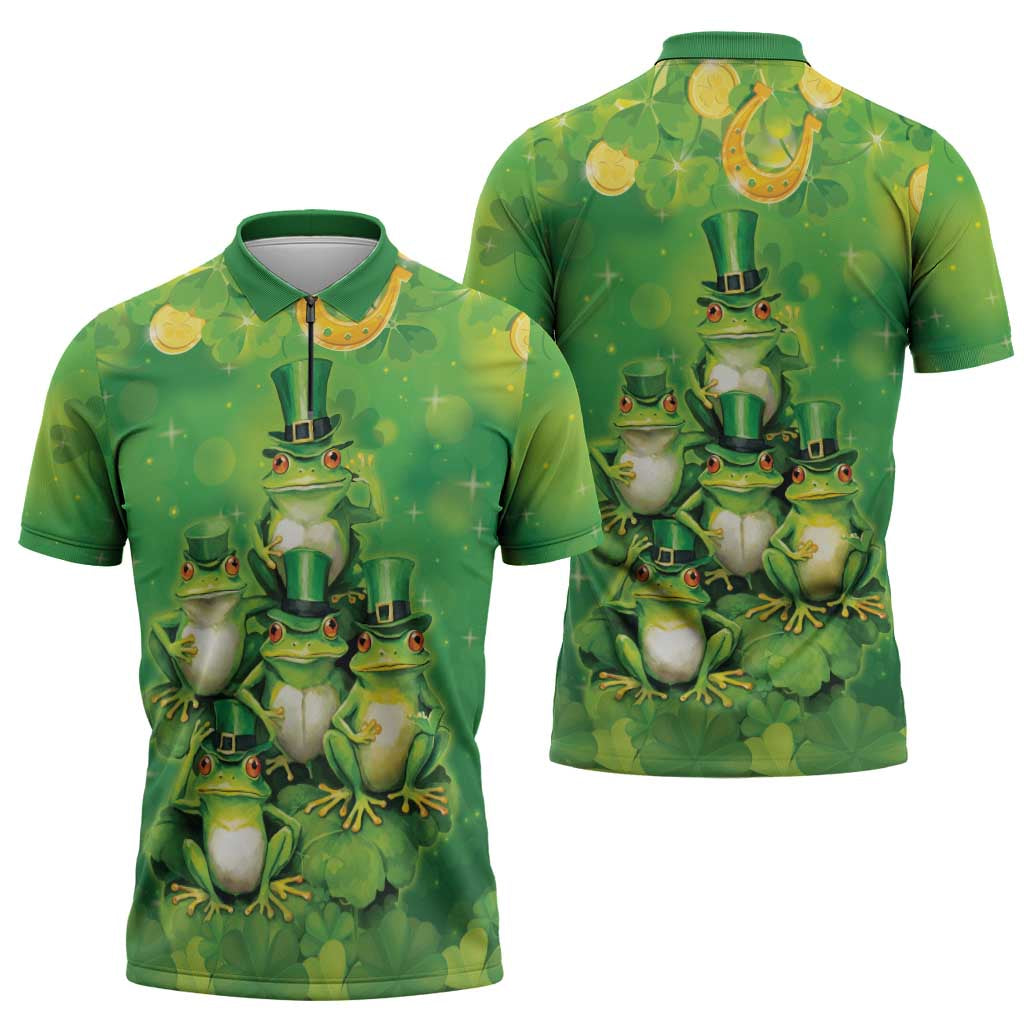Funny Frog St Patrick's Day Zipper Polo Shirt Lucky Shamrock Frog