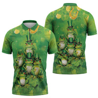 Funny Frog St Patrick's Day Zipper Polo Shirt Lucky Shamrock Frog