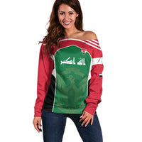 Custom World Football 2026 Iraq Off Shoulder Sweater Eagle of Saladin Championship Spirit