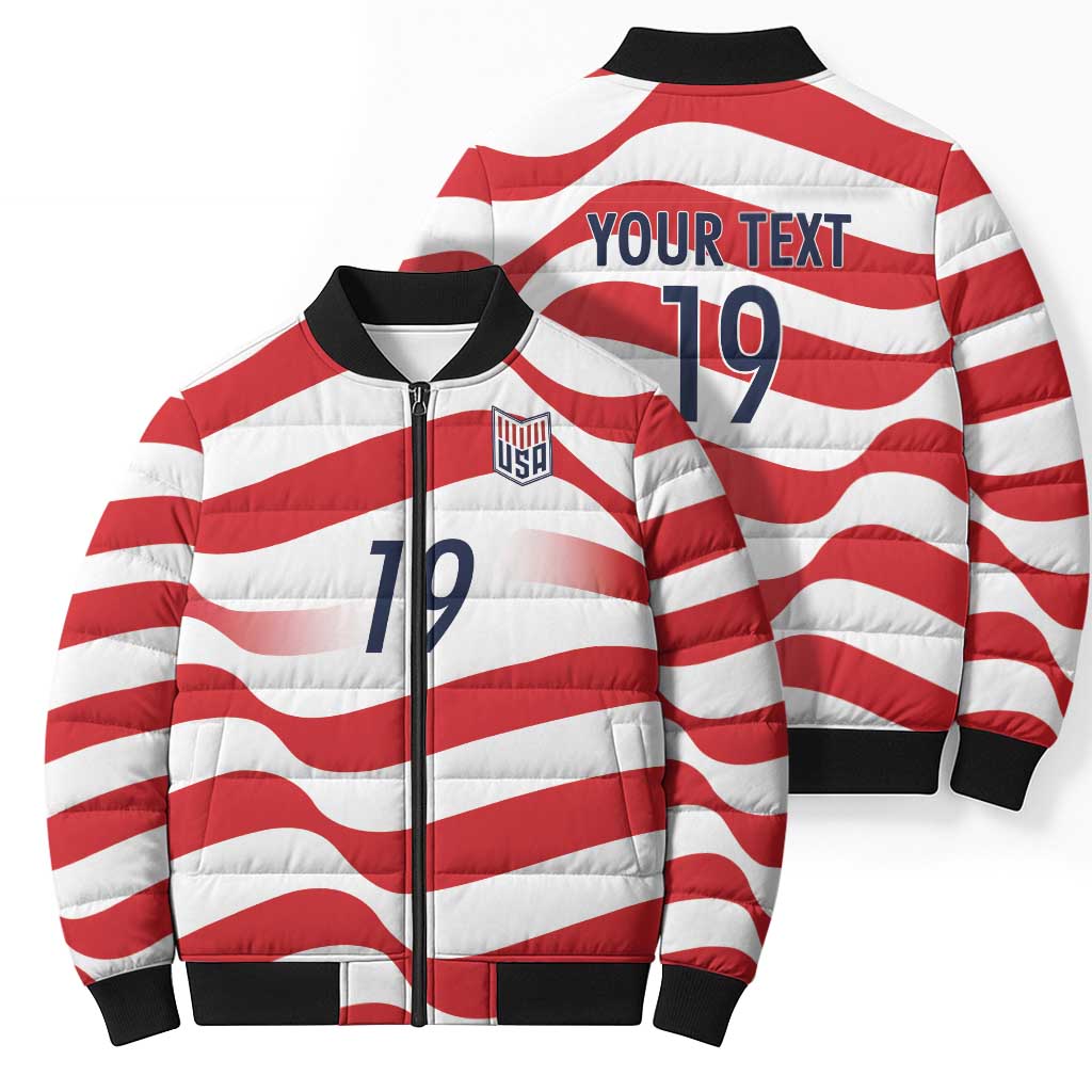 Custom World Football 2026 USA Bomber Puffer Jacket Wavy American Flag Stripes Graphic