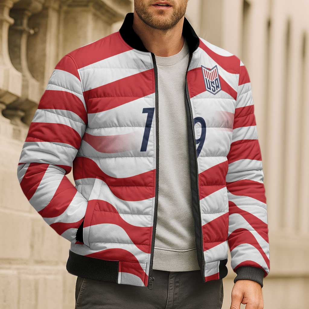 Custom World Football 2026 USA Bomber Puffer Jacket Wavy American Flag Stripes Graphic