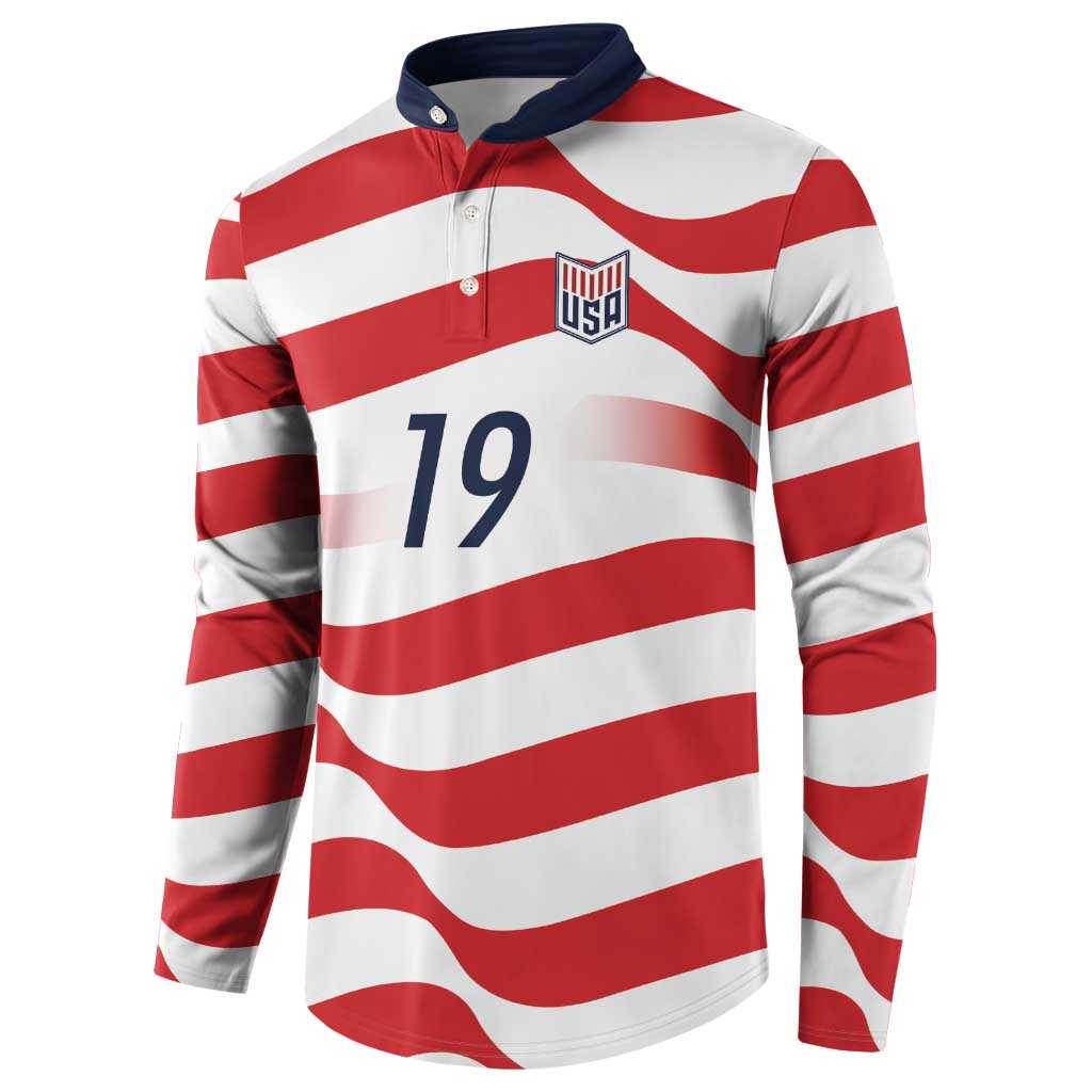 Custom World Football 2026 USA Button Sweatshirt Wavy American Flag Stripes Graphic