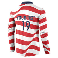Custom World Football 2026 USA Button Sweatshirt Wavy American Flag Stripes Graphic