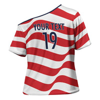 Custom World Football 2026 USA Cross Shoulder Shirt Wavy American Flag Stripes Graphic