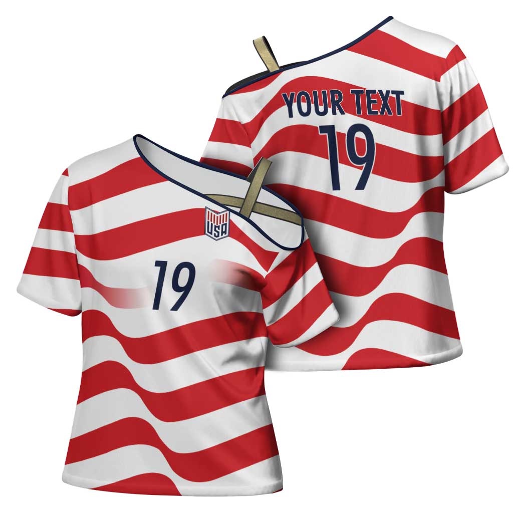 Custom World Football 2026 USA Cross Shoulder Shirt Wavy American Flag Stripes Graphic
