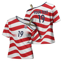 Custom World Football 2026 USA Cross Shoulder Shirt Wavy American Flag Stripes Graphic