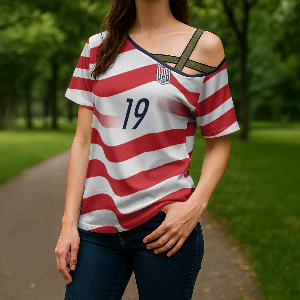 Custom World Football 2026 USA Cross Shoulder Shirt Wavy American Flag Stripes Graphic