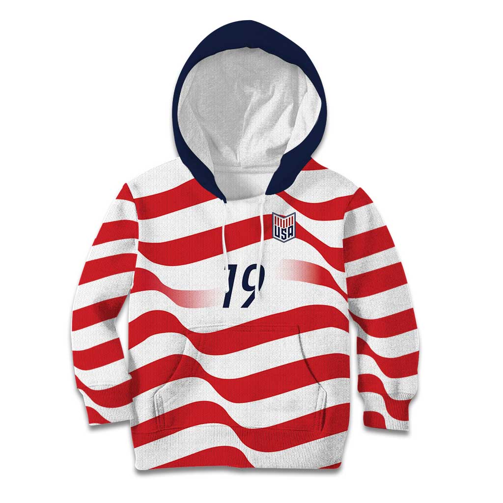 Custom World Football 2026 USA Kid Hoodie Wavy American Flag Stripes Graphic