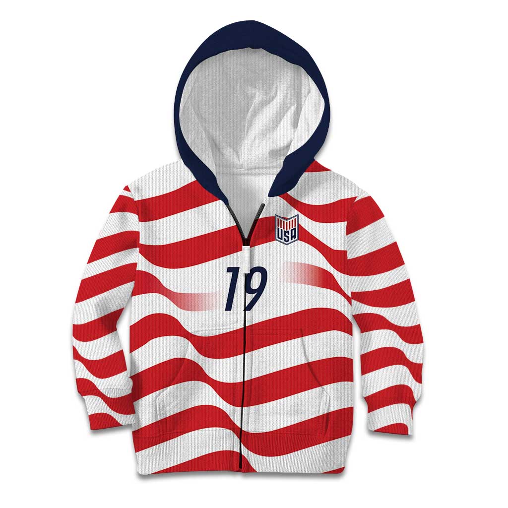 Custom World Football 2026 USA Kid Hoodie Wavy American Flag Stripes Graphic