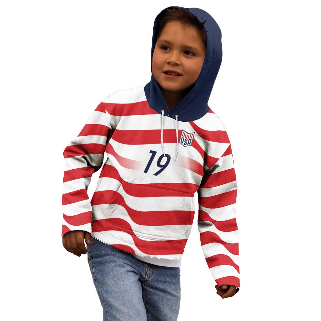 Custom World Football 2026 USA Kid Hoodie Wavy American Flag Stripes Graphic