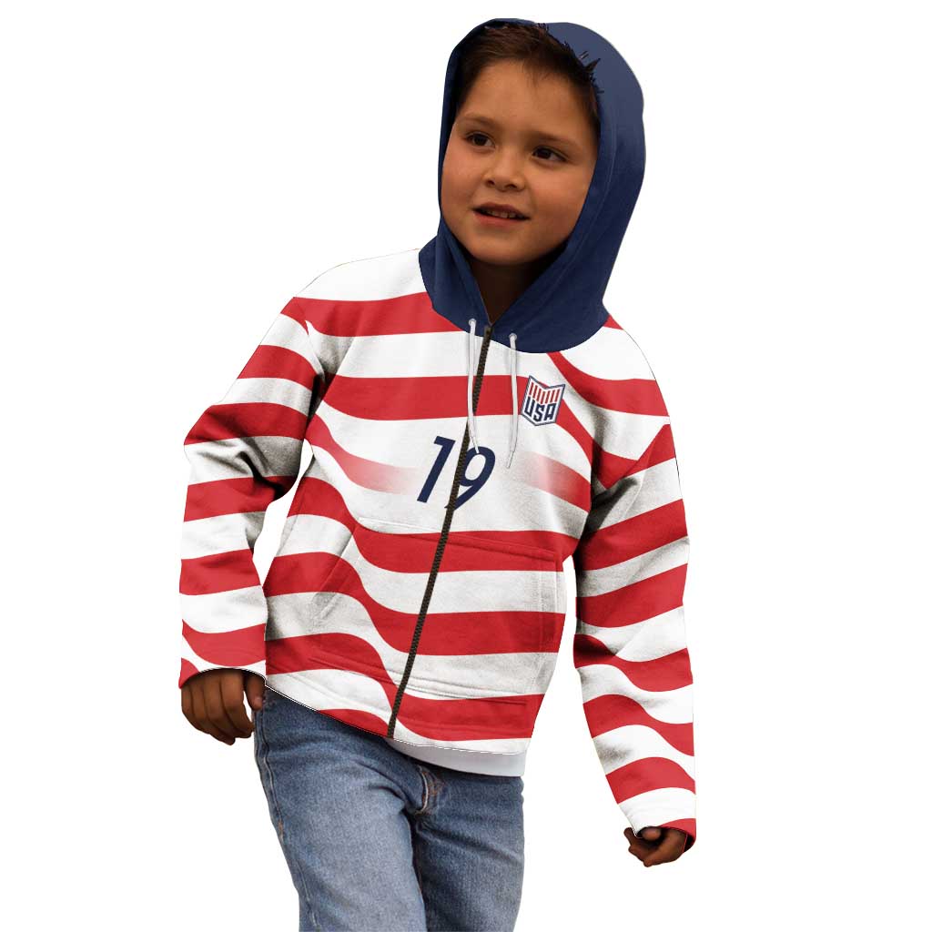 Custom World Football 2026 USA Kid Hoodie Wavy American Flag Stripes Graphic