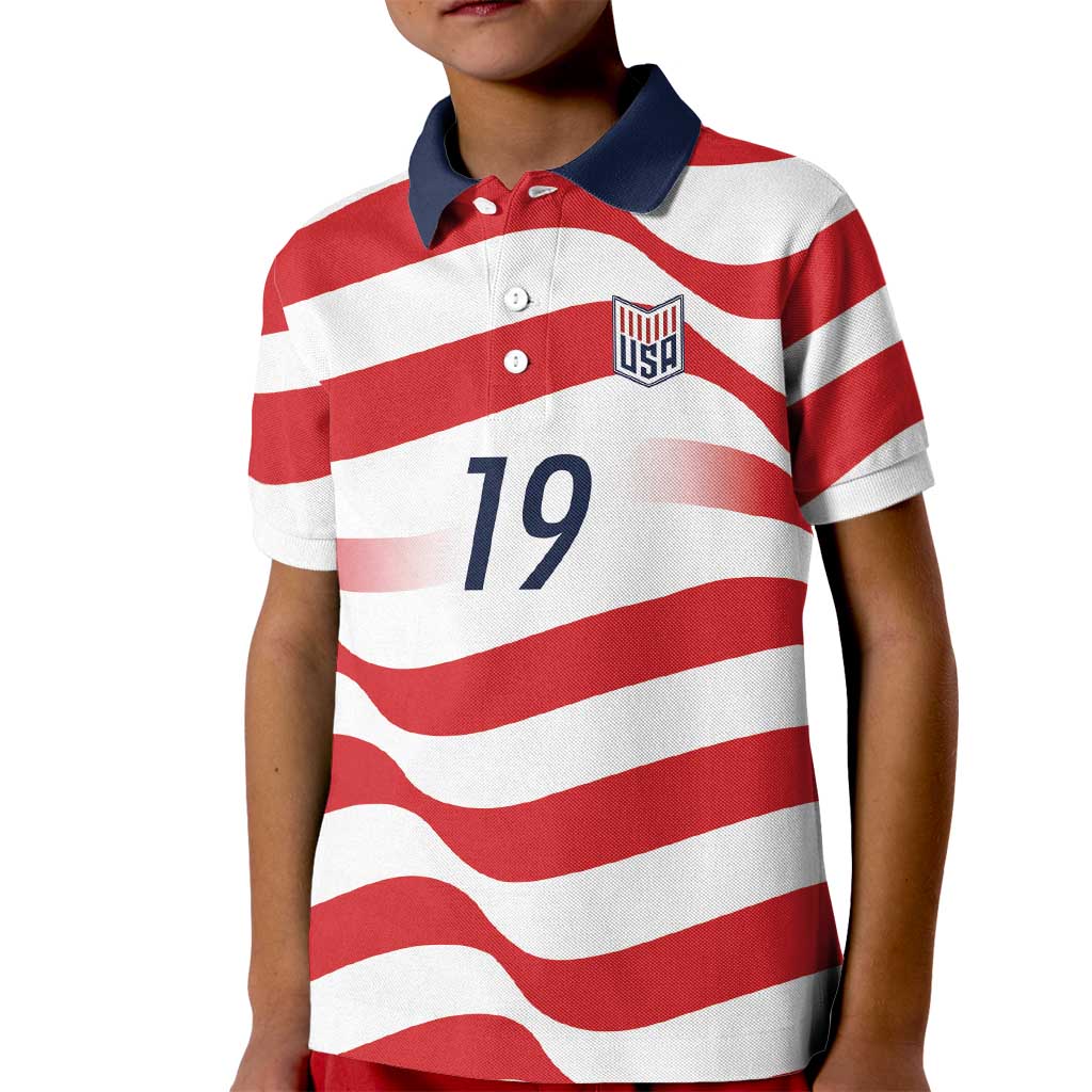 Custom World Football 2026 USA Kid Polo Shirt Wavy American Flag Stripes Graphic